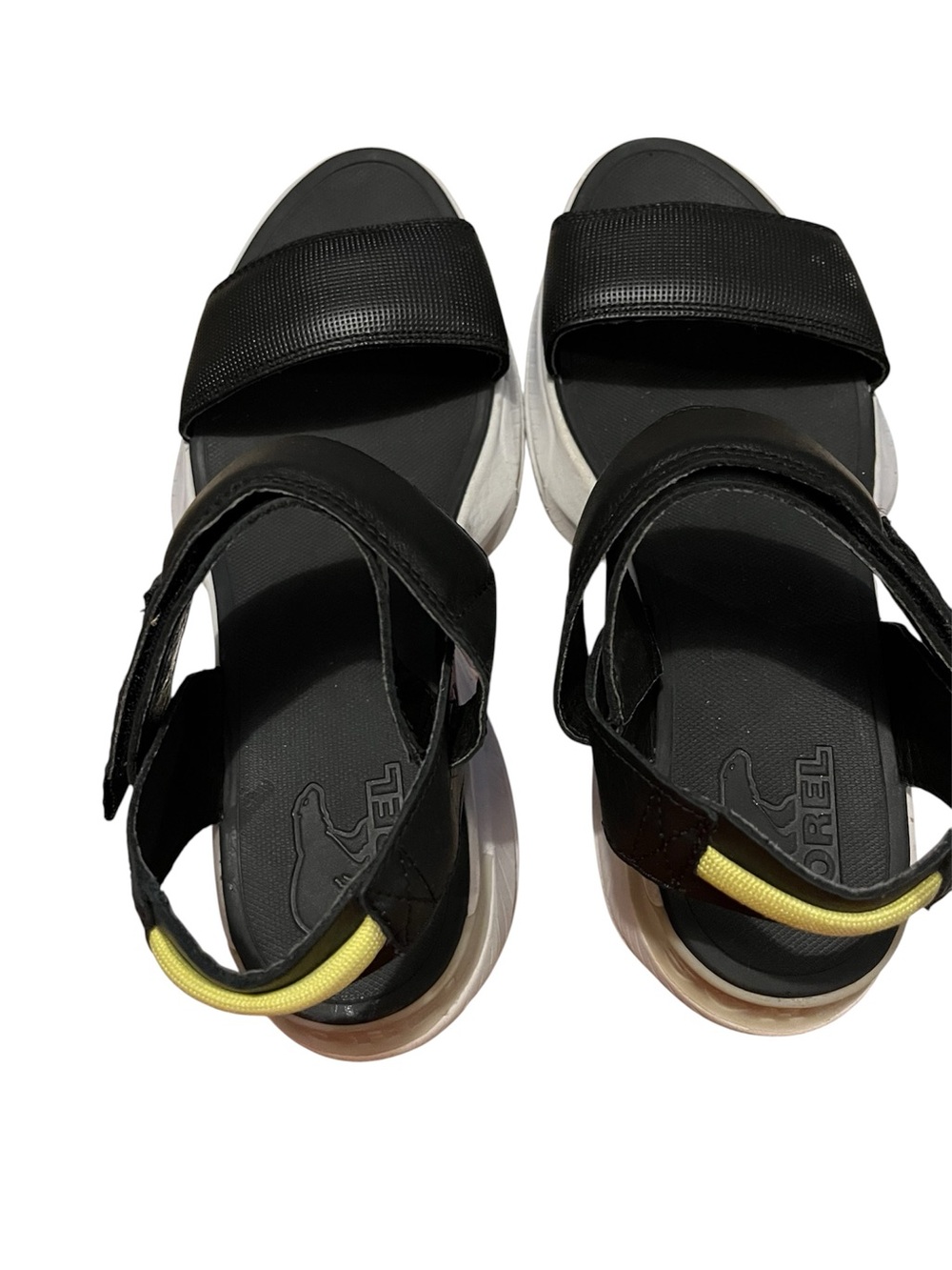 Sorel Black Sandals with Yellow Heel Loop